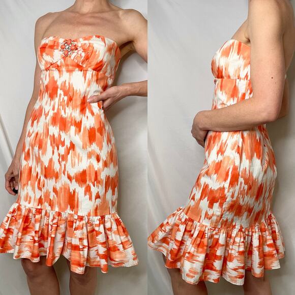 Cache strapless coral orange abstract print mini dress ruffle hem Y2K vintage 4 - Picture 13 of 16
